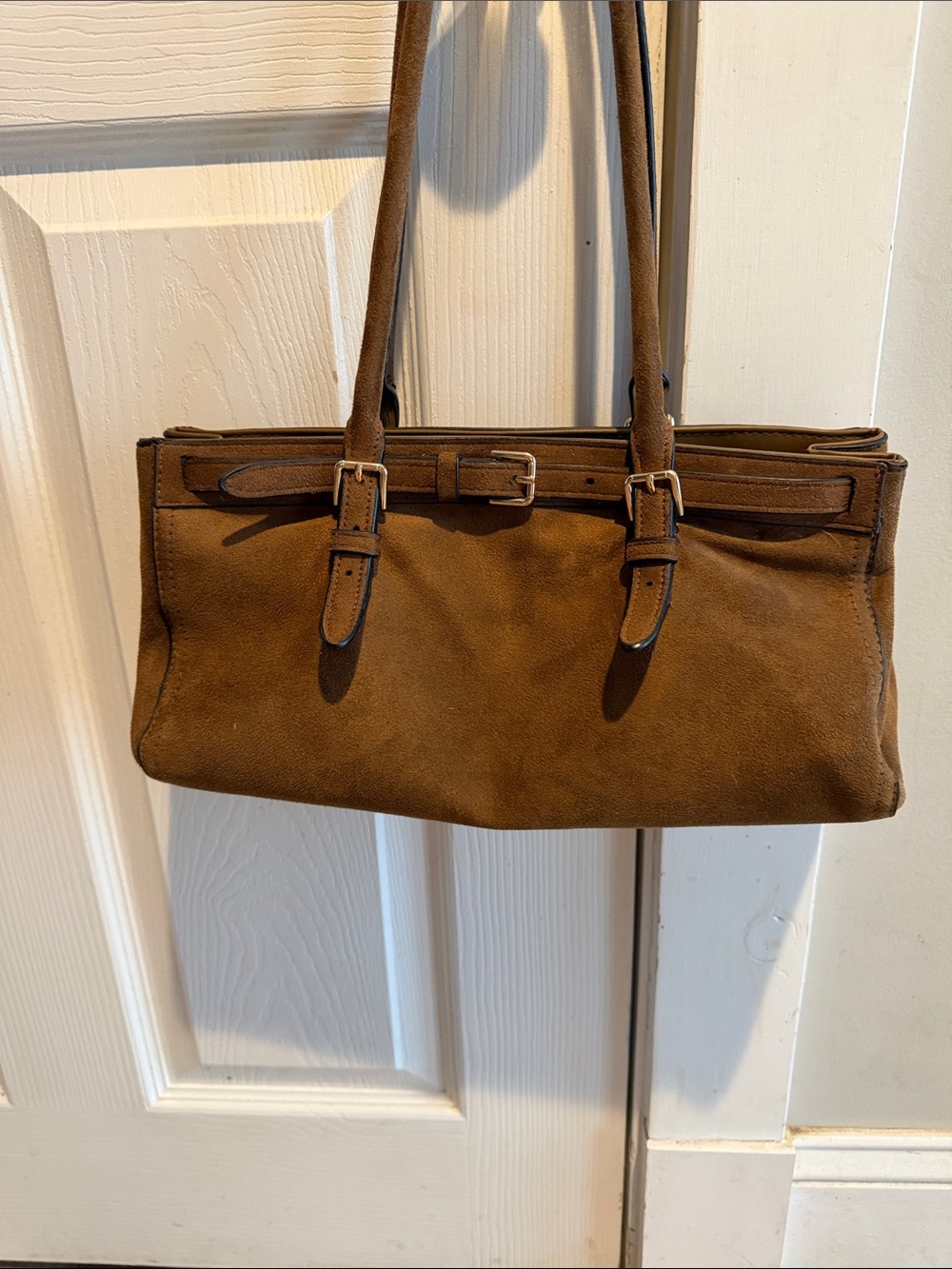 H&M Brown Suede Shoulder Bag with Double Buckle Straps